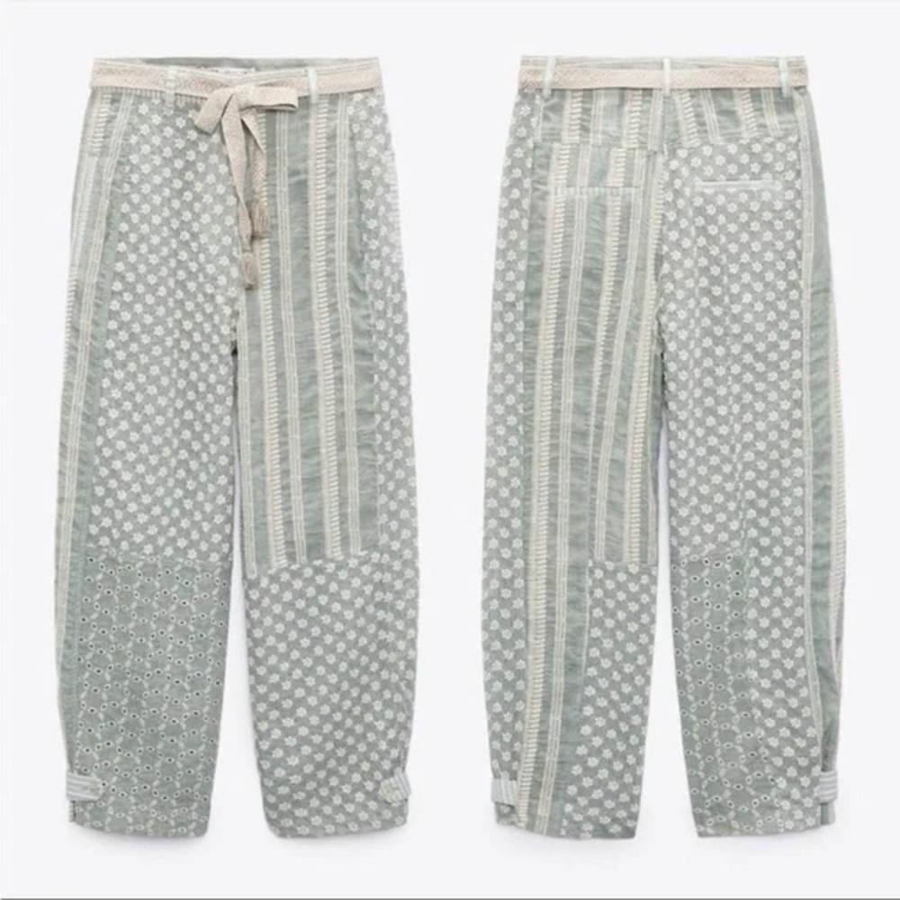 NWT ZARA PATCHWORK PANTS EMBROIDERY PANTIES EMBEDDED TROUSERS HIGH WAIST